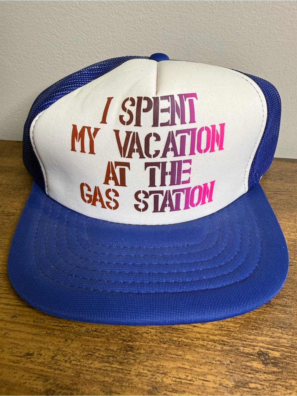 Vintage Trucker Hat with 'I Spent My Vacation at the Gas Station' Slogan